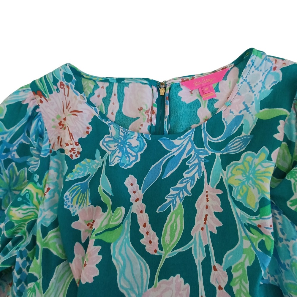 Lilly Pulitzer Teal Floral Tiered Maxi Dress Puff Sleeve Smocked Cuff Size 10 - Picture 10 of 11
